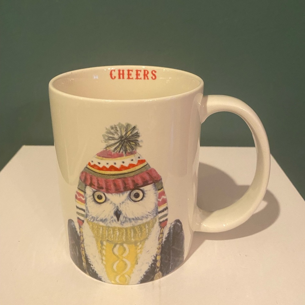 Lori Siebert “CHEERS” Lori Siebert cup mug Owl Knit Sweater Hat Owl mug